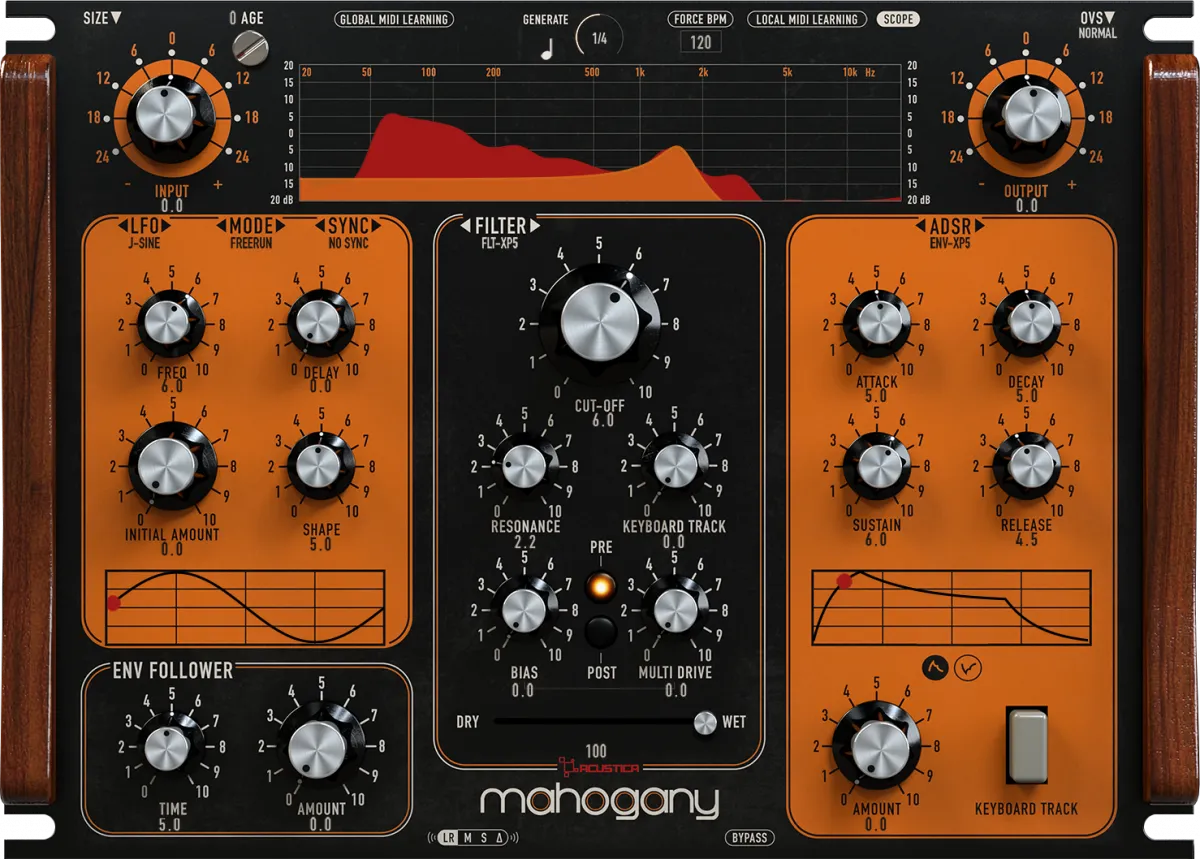 Screenshot of the Acustica Audio Mahogany plugin